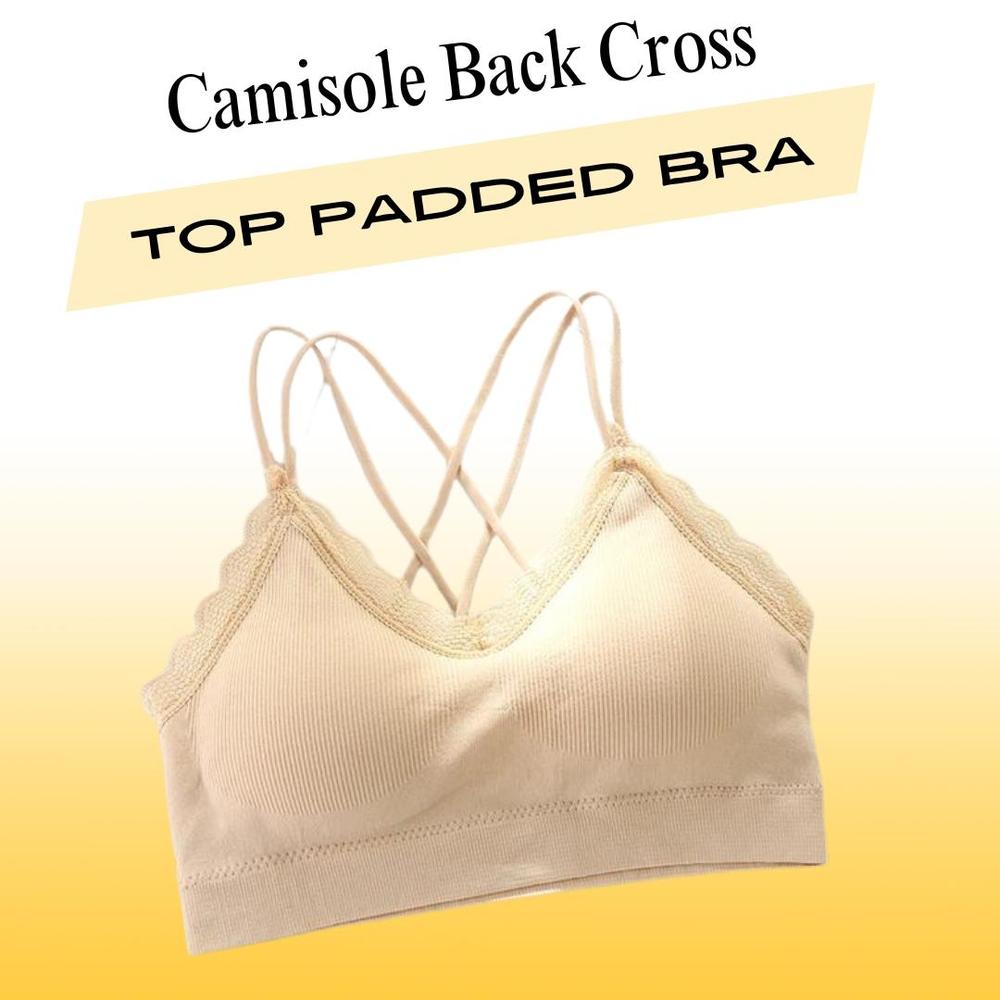 Cotton Plain Back Cross Top Padded Bra, Beige