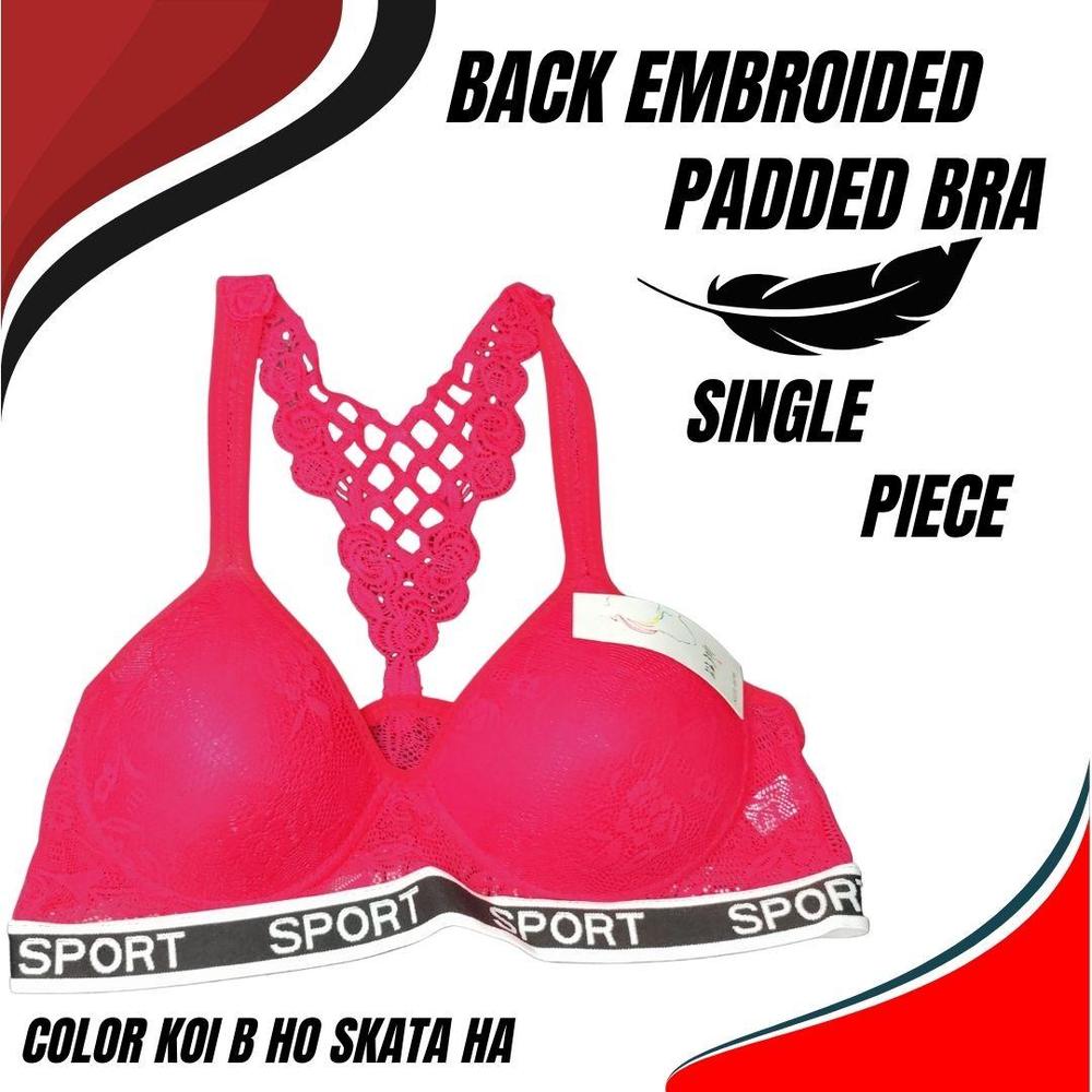 Cotton Back Embroidered Padded Bra, Pink
