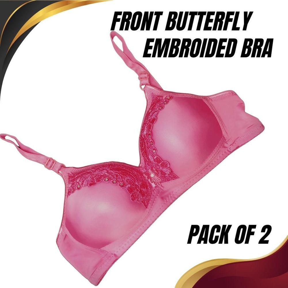 Cotton Butterfly Embroidered Bra, Pack Of 2