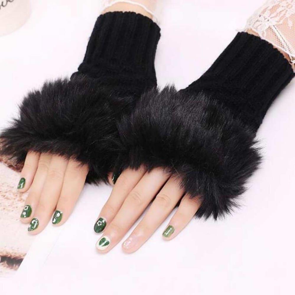 Warm Wool Fingerless Gloves for Women - Plain Black