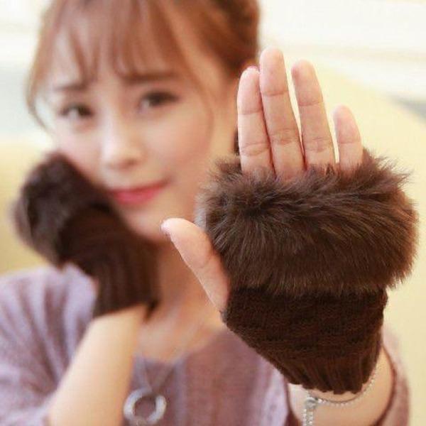 Wool Fingerless Gloves for Women - 1 Pc Brown Plain Design