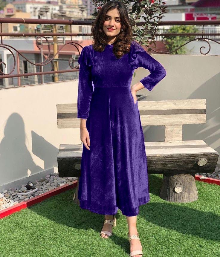 Elegant Purple Velvet Suit with 3-D Block Print