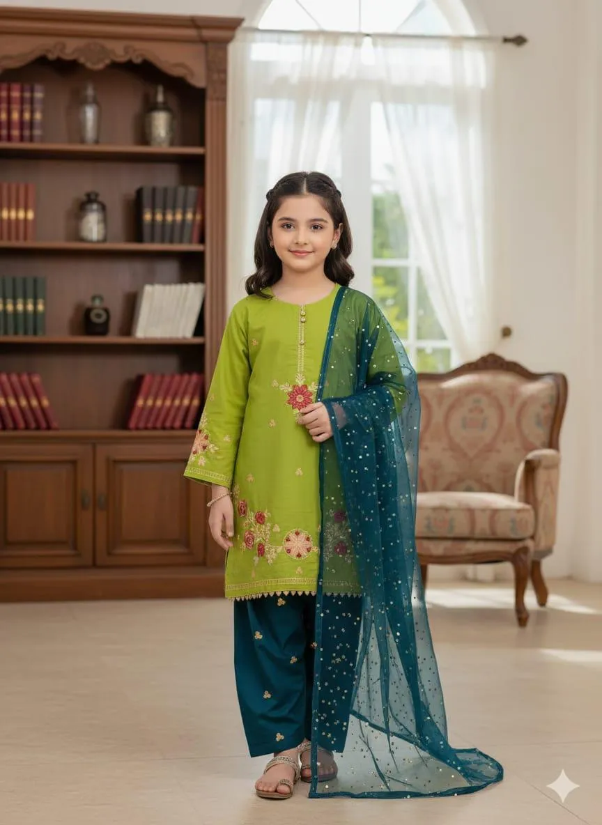 3 Pcs Girl's Lawn Embroidered Unstitched Suit