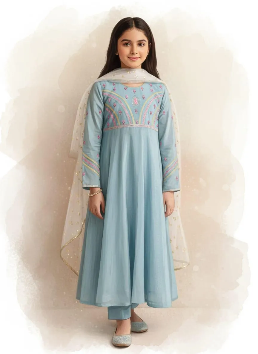 3 Pcs Girl's Lawn Embroidered Unstitched Suit