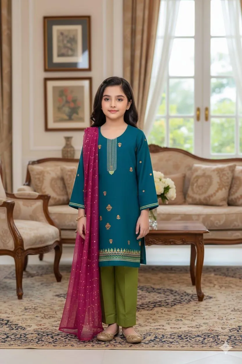 3 Pcs Girl's Lawn Embroidered Unstitched Suit