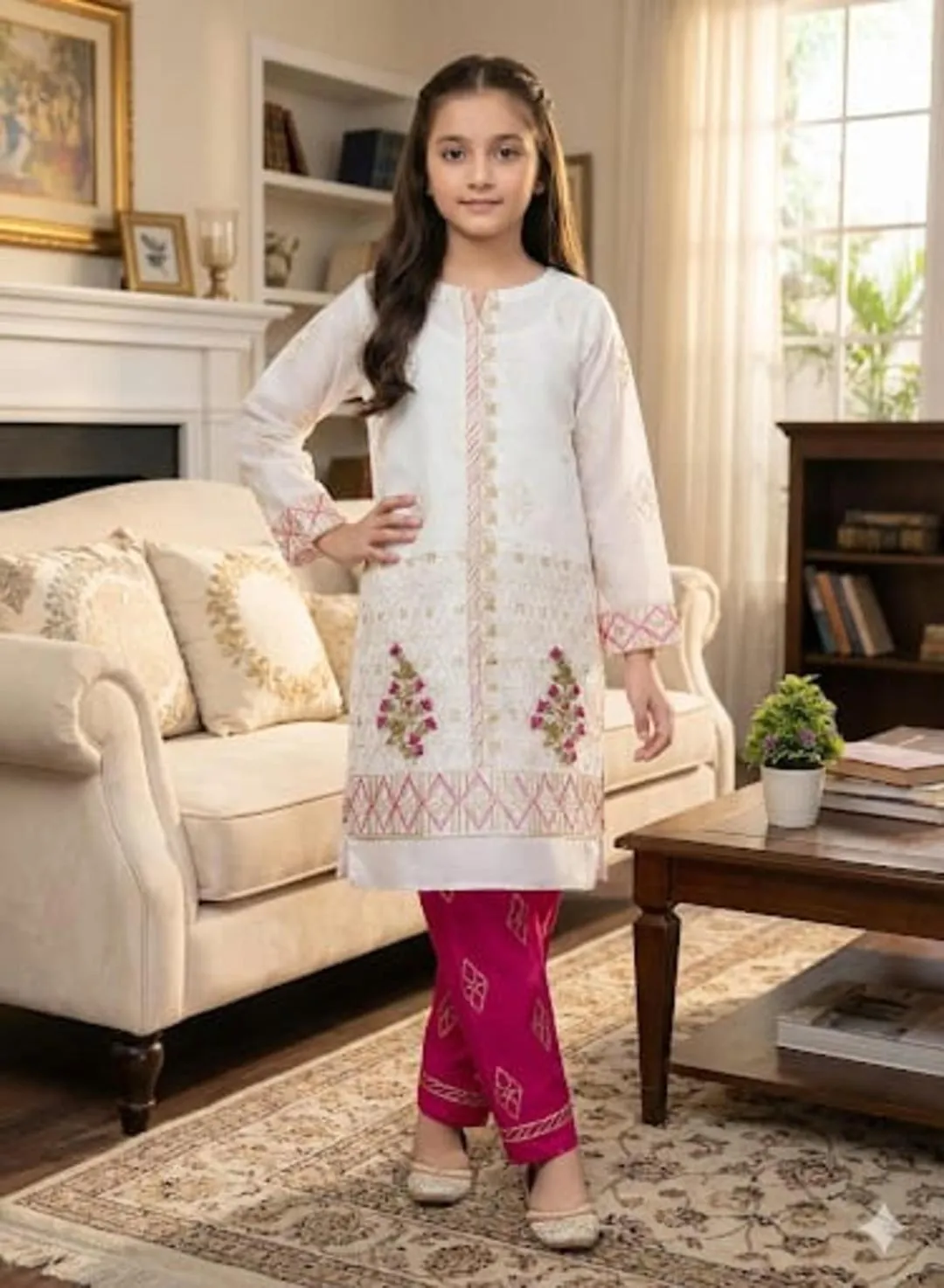 2 Pcs Girl's Lawn Embroidered Unstitched Suit