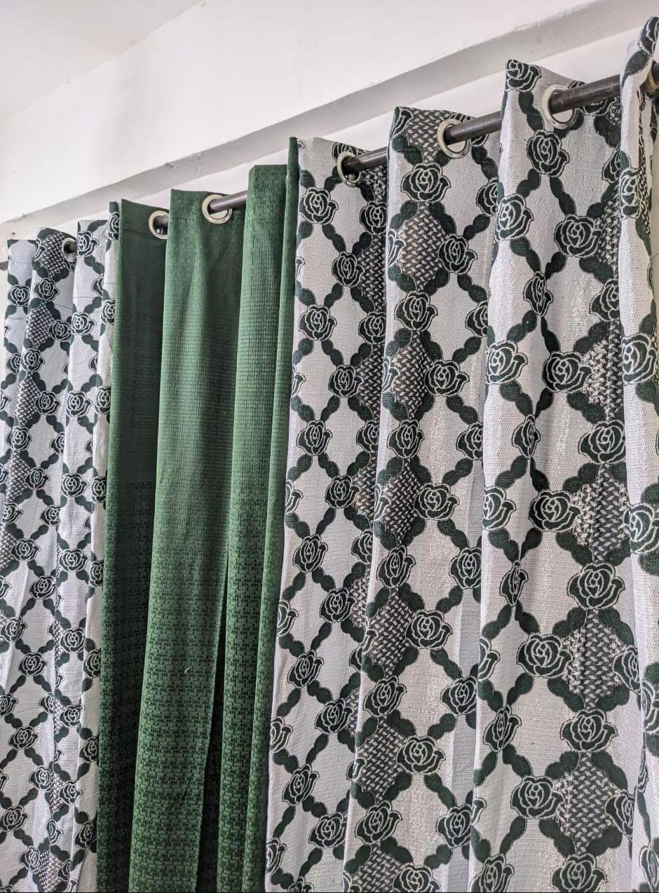Luxurious Green Velvet Jacquard Indoor Home Curtains - 3 Pcs Set