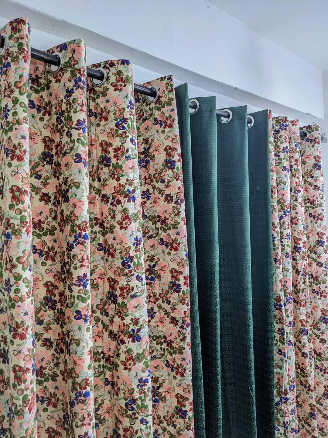 3 Pcs Printed Cotton Indoor Home Curtains - Multicolor Style