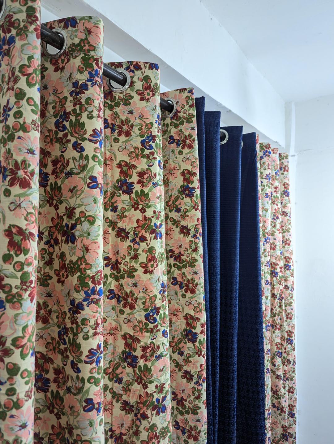 3 Pcs Printed Cotton Indoor Home Curtains - Multicolor Style