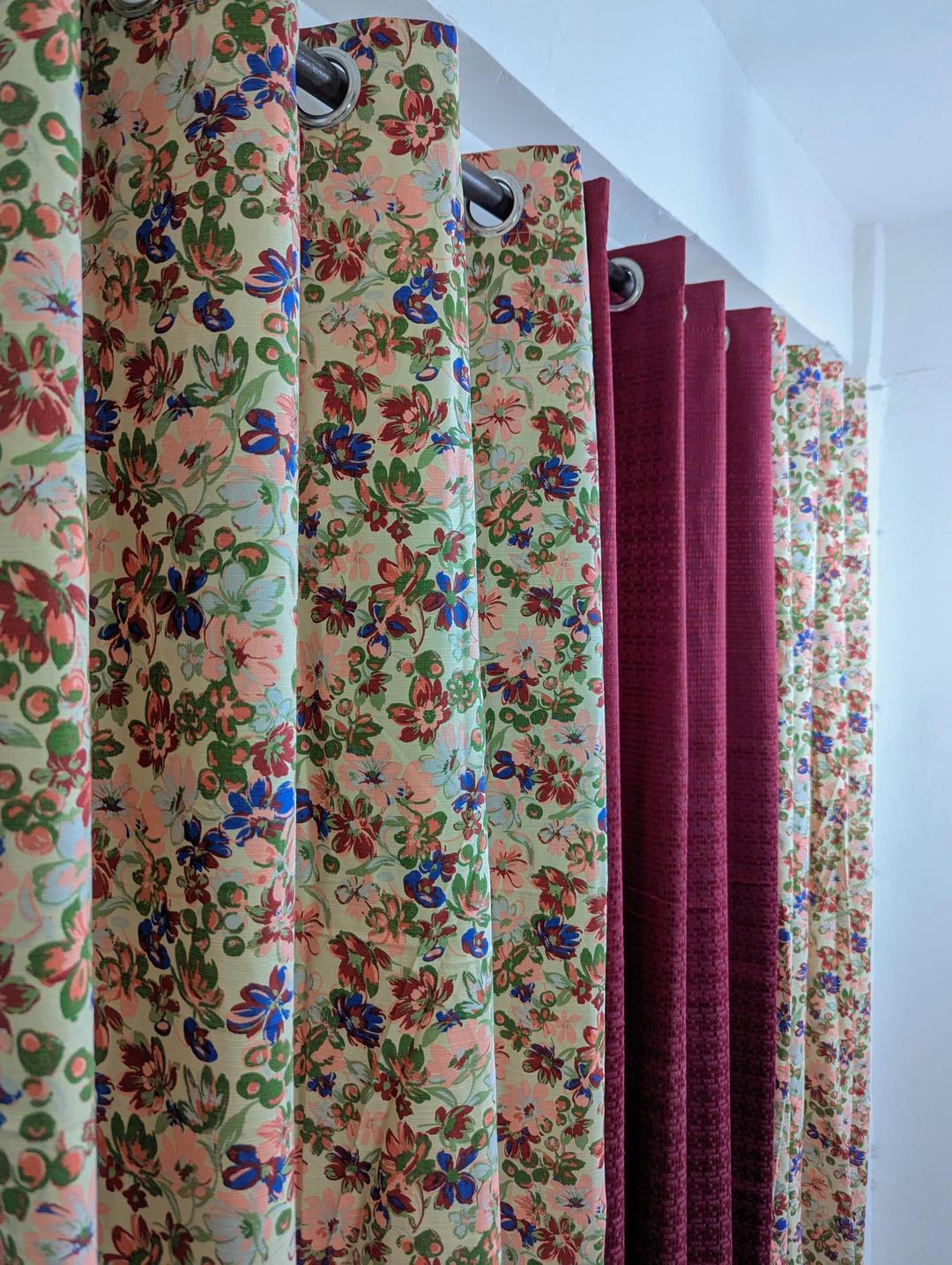 3 Pcs Printed Cotton Indoor Home Curtains - Multicolor Style