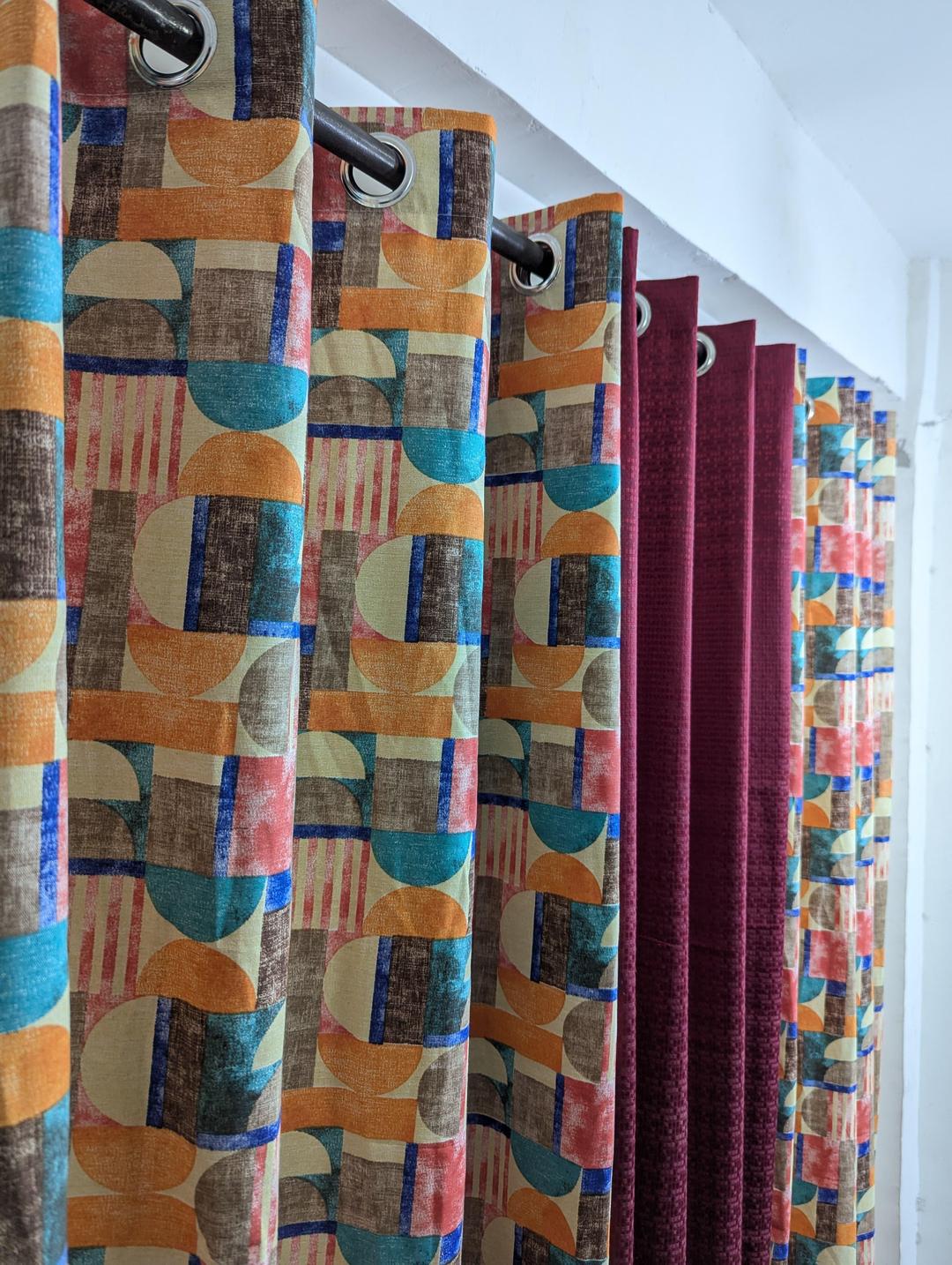 3 Pcs Printed Cotton Indoor Home Curtains - Multicolor Style