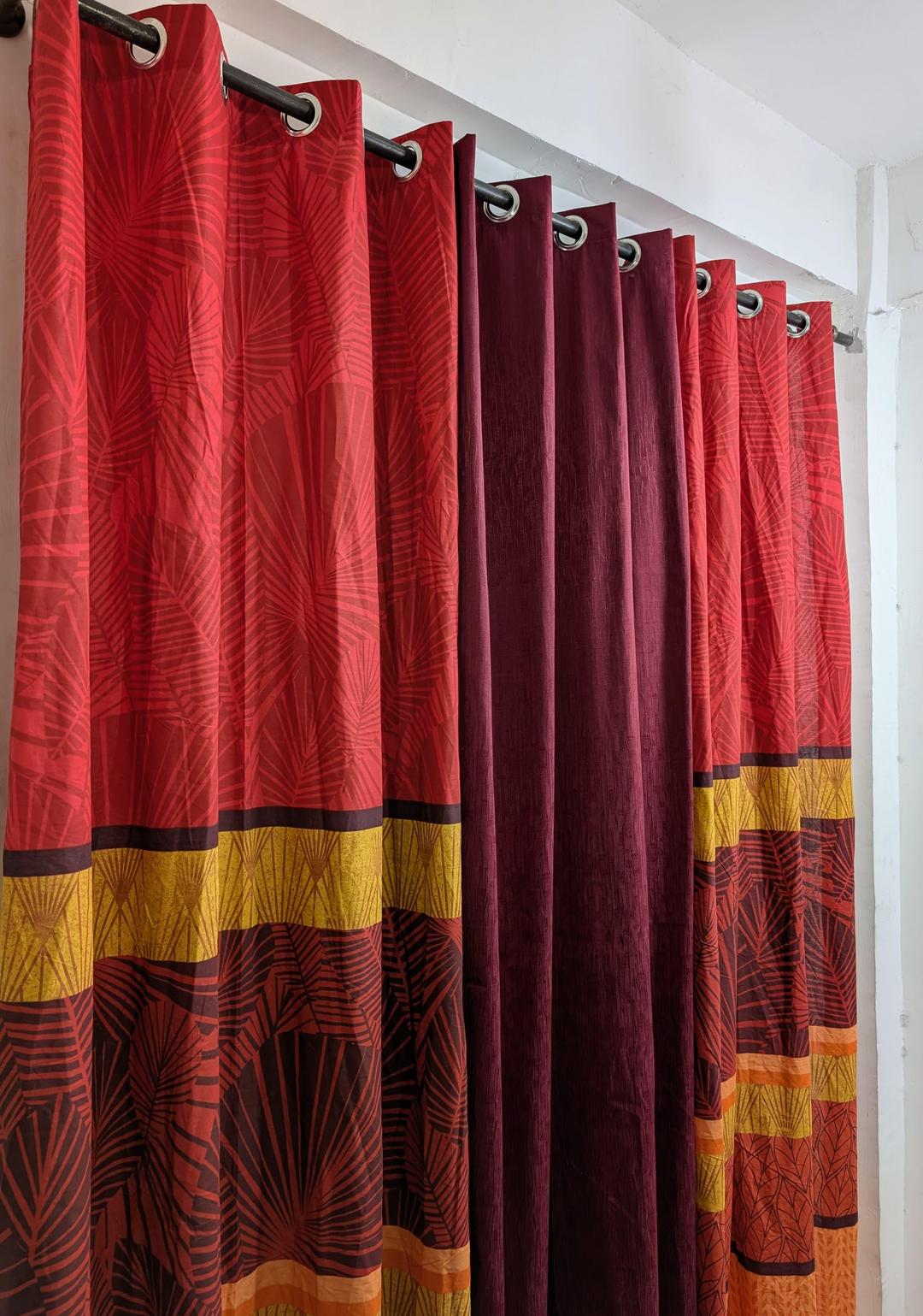 Chic Red Cotton Printed Indoor Home Curtains - Set of 3 Pcs