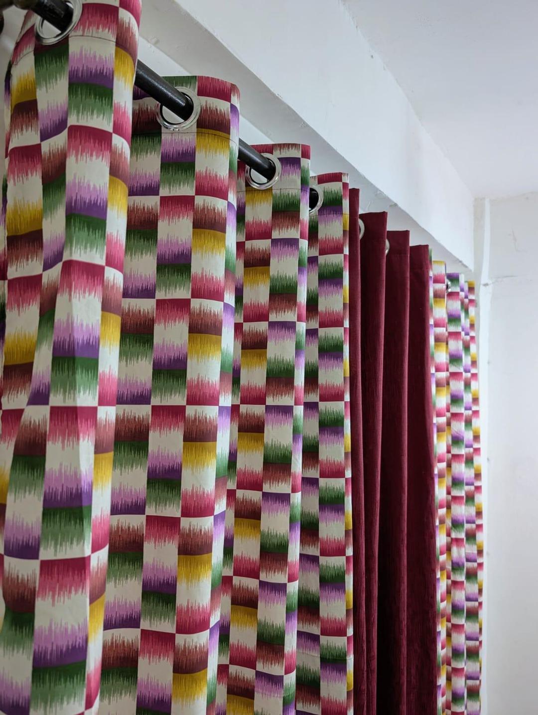 Multicolor Printed Cotton Indoor Home Curtains - 3 Pcs Set