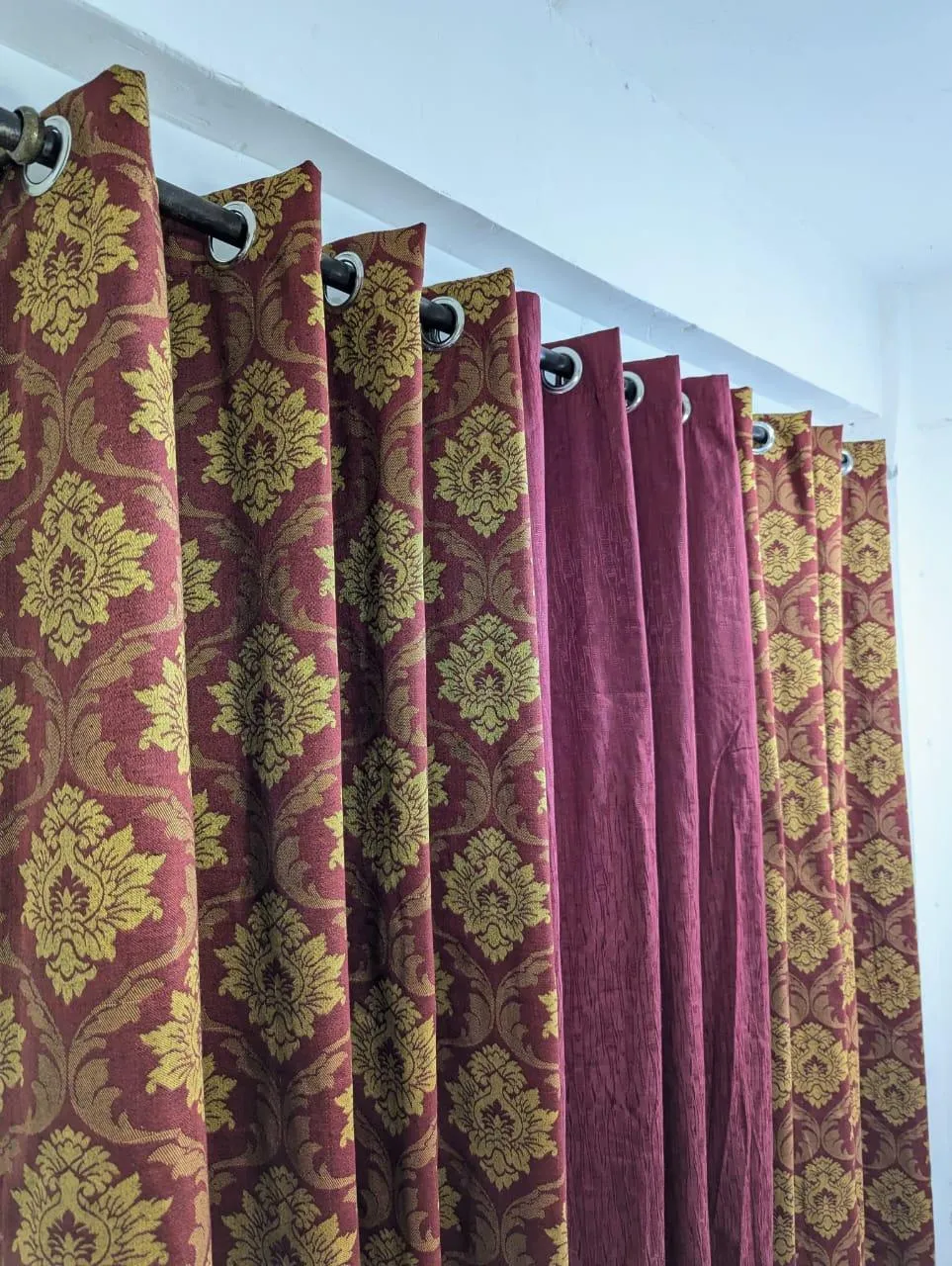 3 Pcs Printed Leather Indoor Home Curtains in Maroon