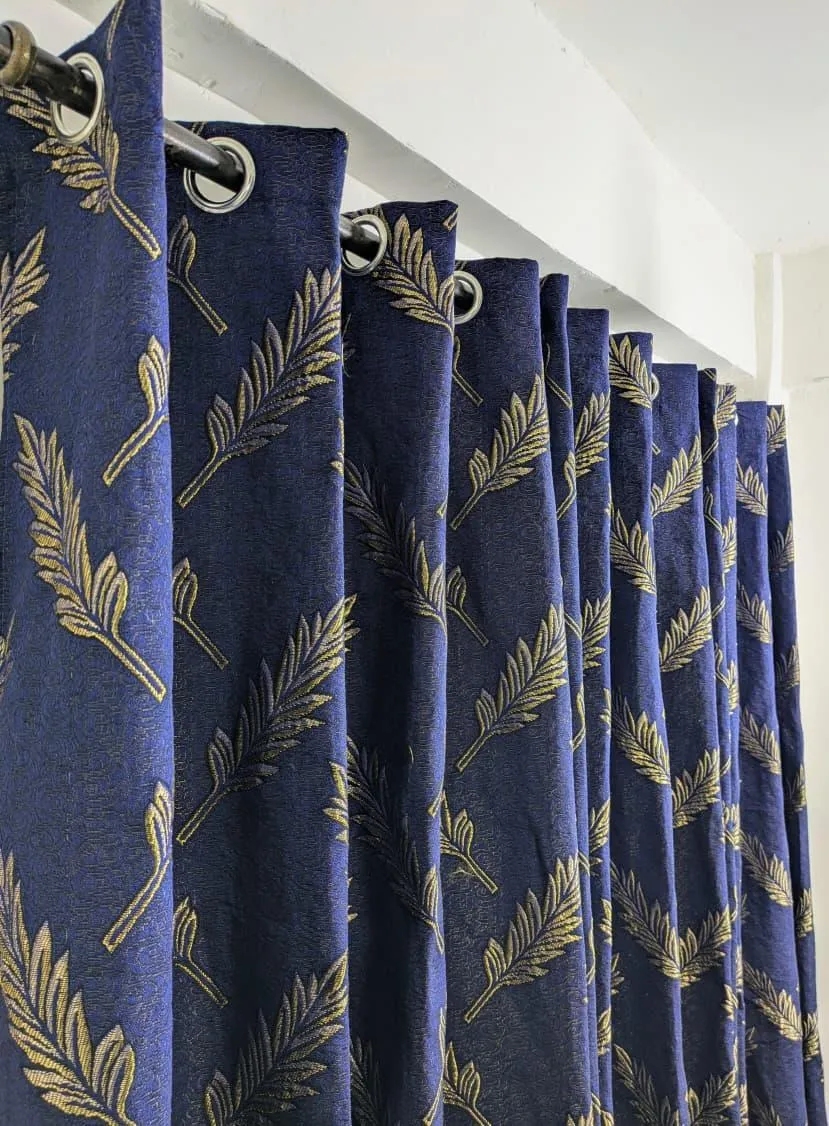 Stylish 1 Pc Blue Jacquard Printed Indoor Home Curtains
