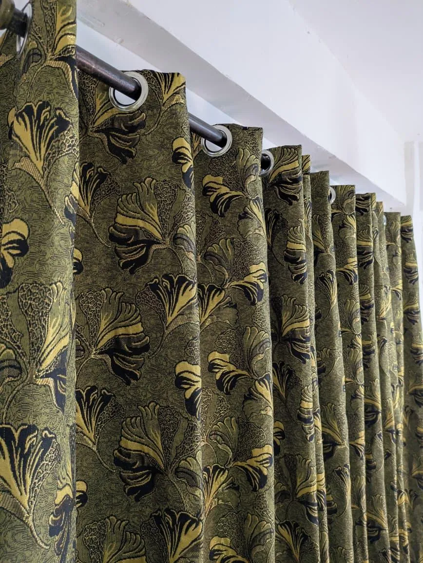 Jacquard Floral Curtains Green Gold Black 96x56"