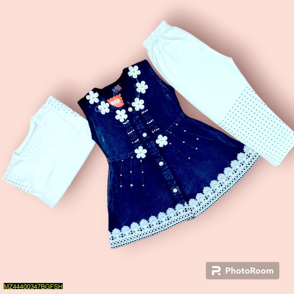 3 Pcs Girl's Stitched Denim Embroidered Frock and Trouser Set