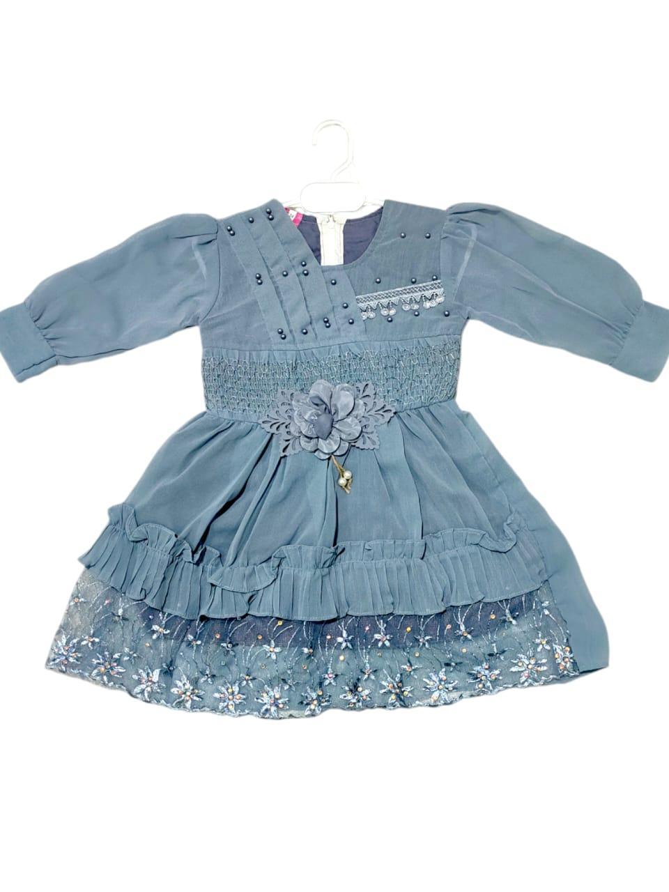 2 Pcs Girl's Chiffon Textured Frock And Trouser Set