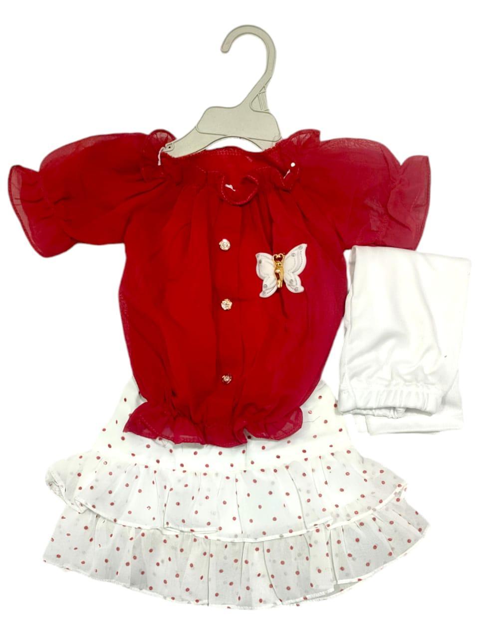 3 Pcs Girl's Cotton Printed Shirt And Skirt With Trouser