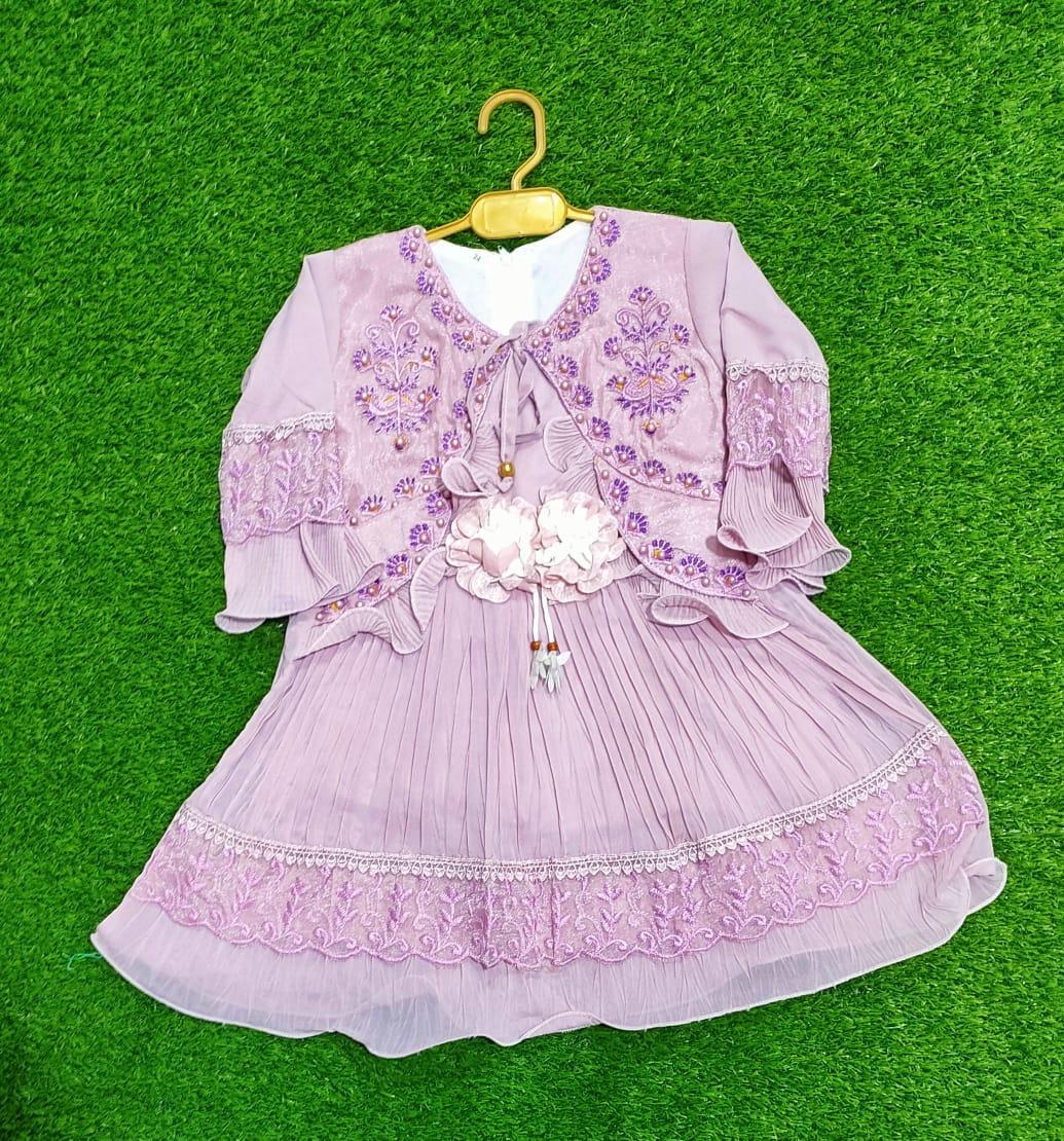 2 Pcs Girl's Chiffon Embroidered Frock And Trouser Set