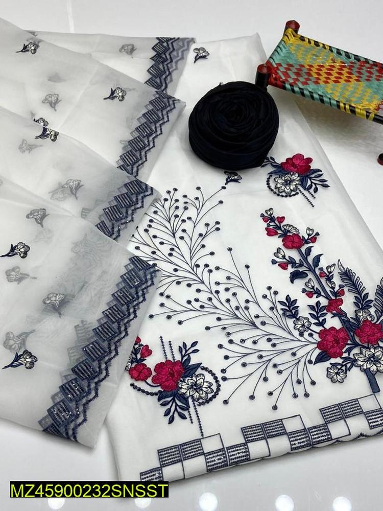 3 Pcs Women's Unstitched Organza Embroidered Suit