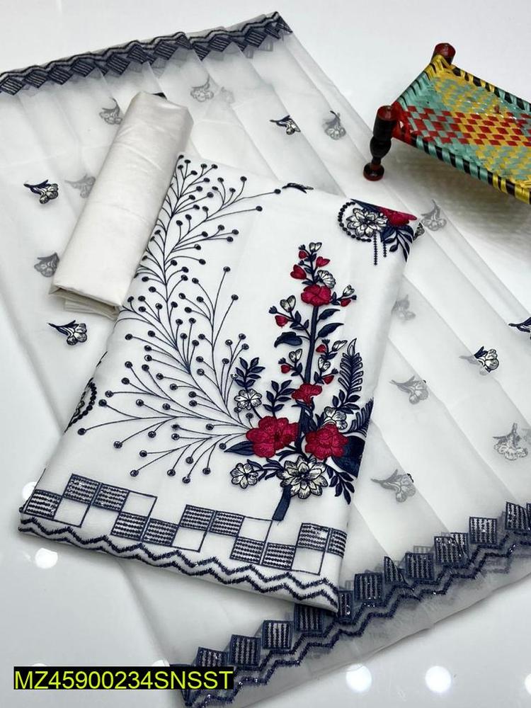 3 Pcs Women's Unstitched Organza Embroidered Suit