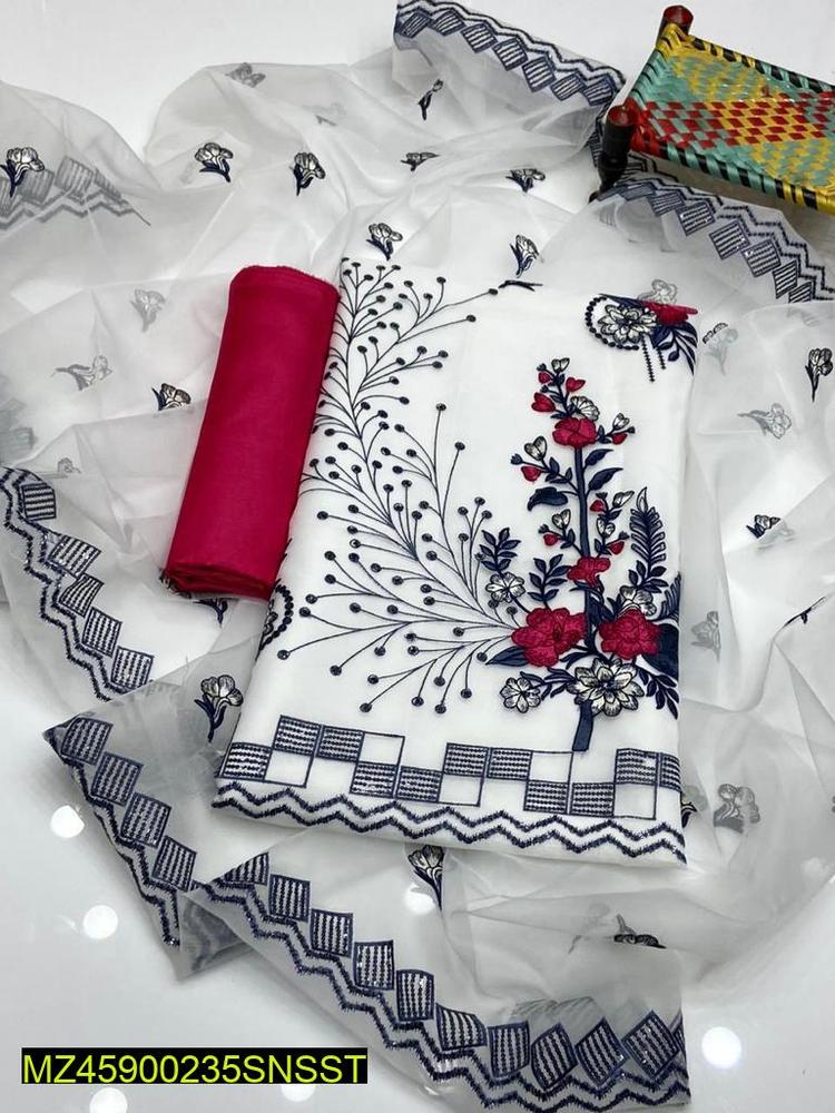 3 Pcs Women's Unstitched Organza Embroidered Suit