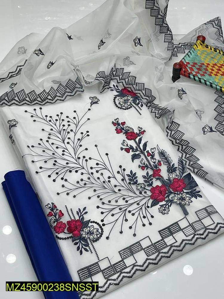 3 Pcs Women's Unstitched Organza Embroidered Suit