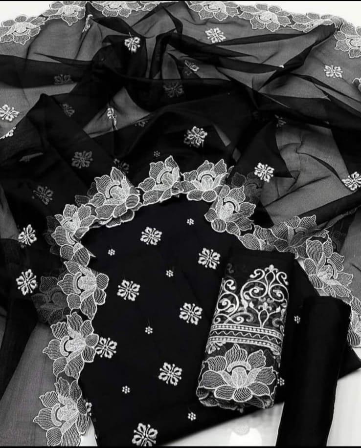 3 Pcs Women's Unstitched Cut Work Suit