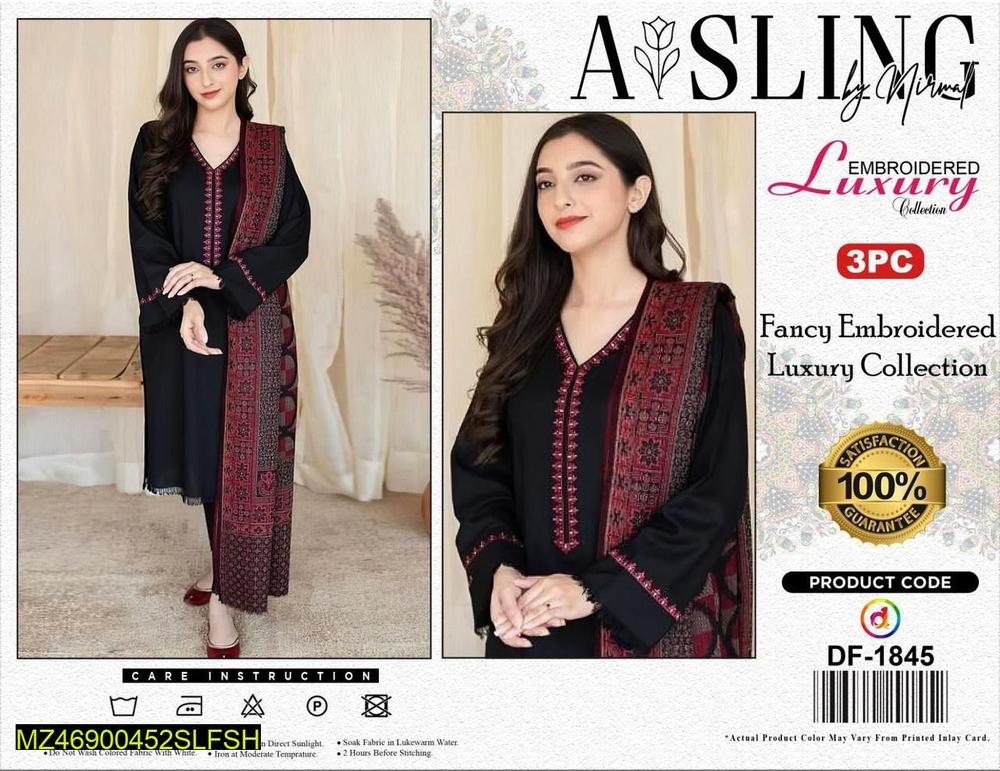 3 Pcs Women's Unstitched Dhanak Embroidered Suit