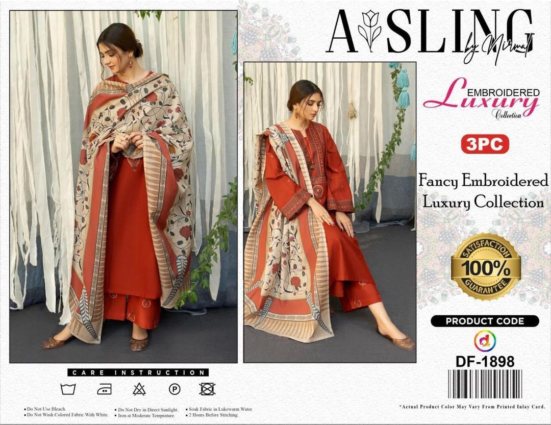 3 Pcs Women's Unstitched Dhanak Embroidered Suit