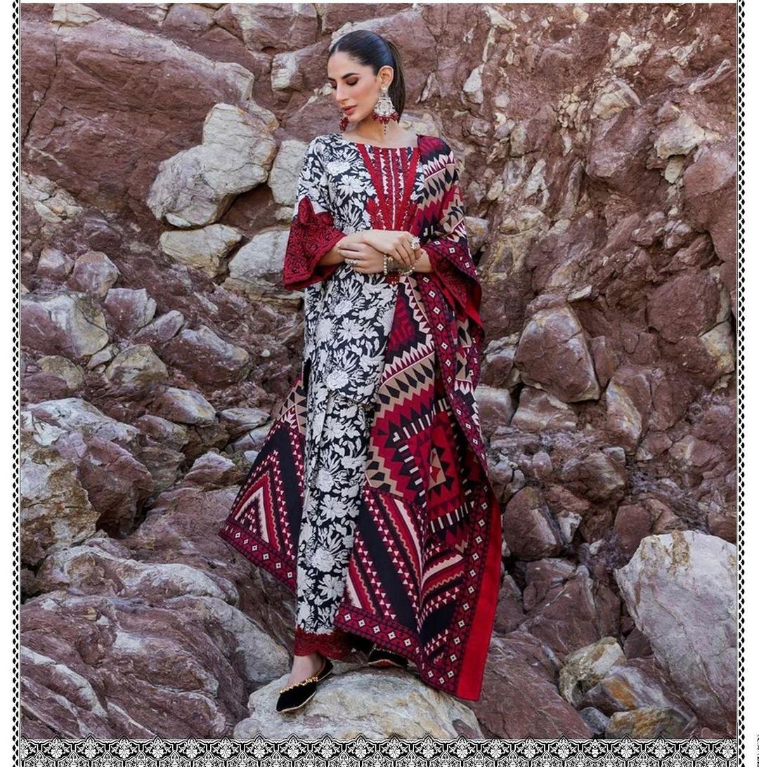 3 Pcs Women's Unstitched Karandi Digital Print Suit