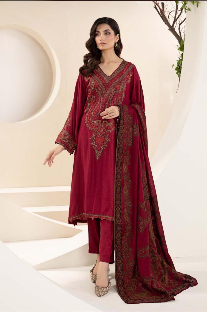 3 Pcs Women's Unstitched Dhanak Embroidered Suit
