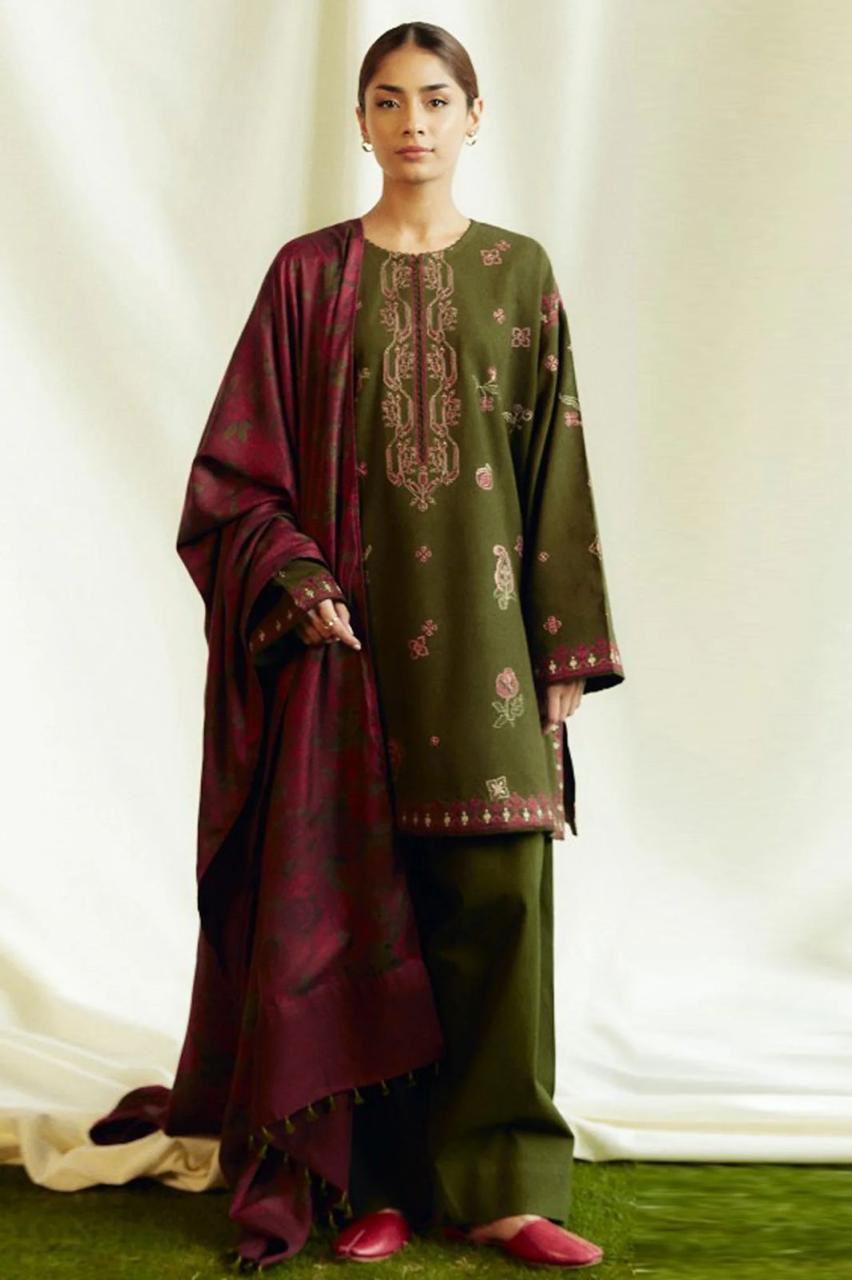 3 Pcs Women's Unstitched Dhanak Embroidered Suit