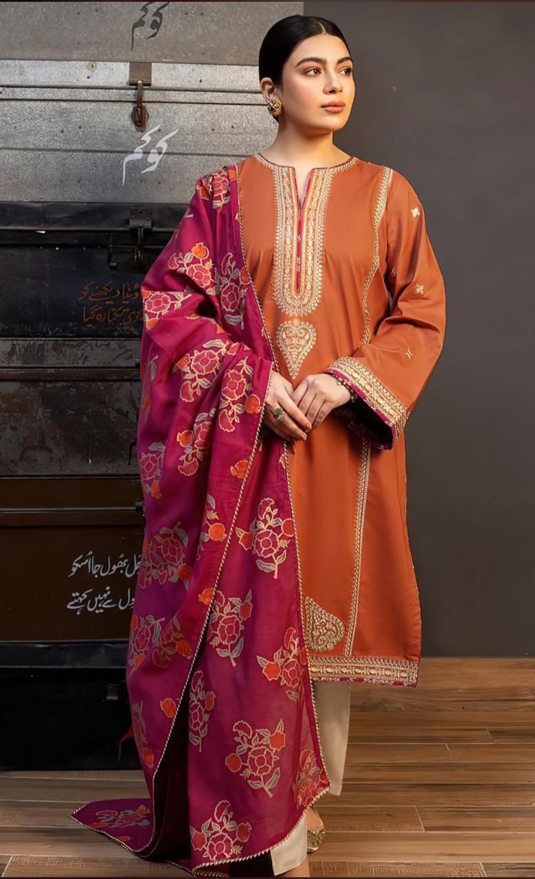 3 Pcs Women's Unstitched Embroidered Suit