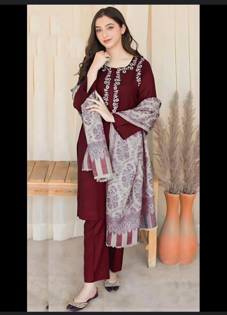 Exquisite Maroon Embroidered Suit - 3 Pcs with Digital Print Dupatta