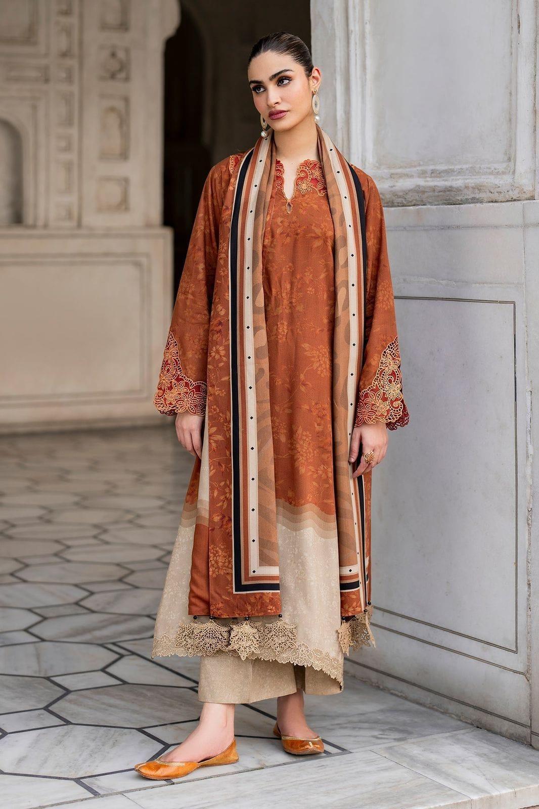 Stylish Orange Karandi Suit Set with Digital Print - 3 Pcs Ensemble