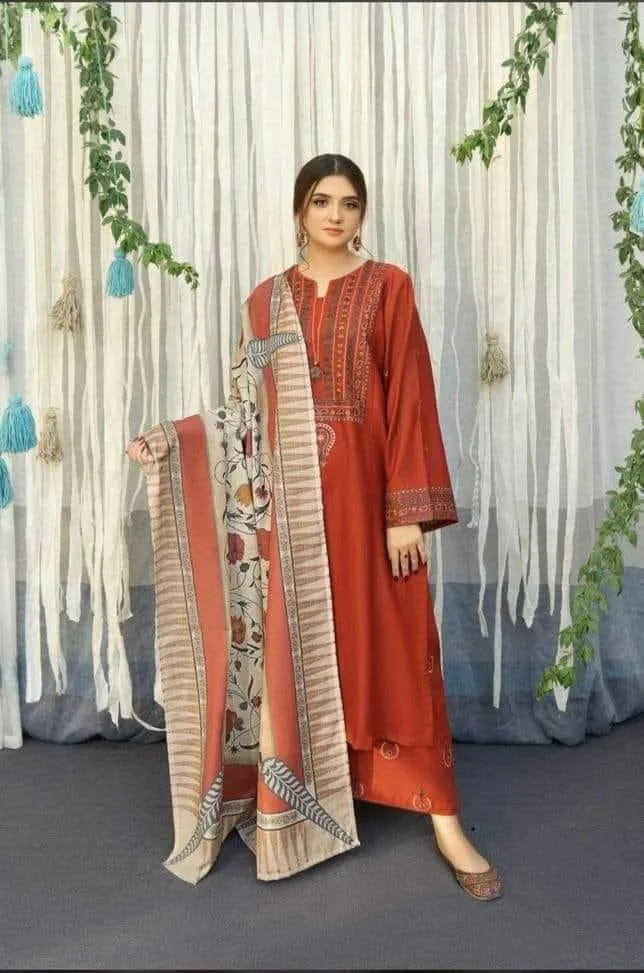 3 Pcs Women's Unstitched Embroidered Suit