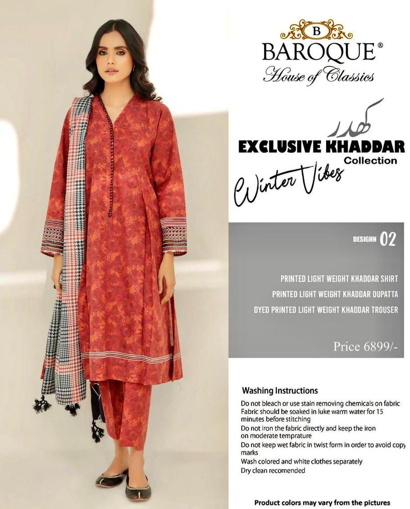 3 Pcs Women's Unstitched Khaddar Printed Suit