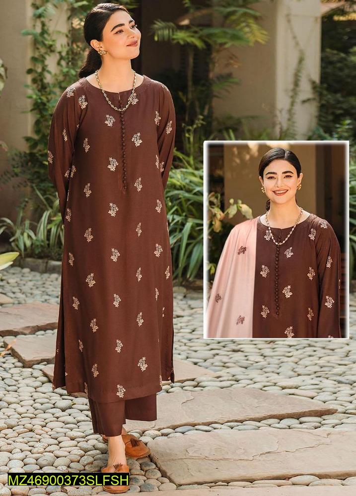 3 Pcs Women's Unstitched Dhanak Embroidered Suit