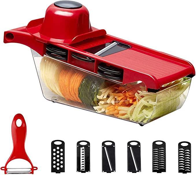 Red Vegetable Cutter with 10 Cutting Styles & Detachable Container