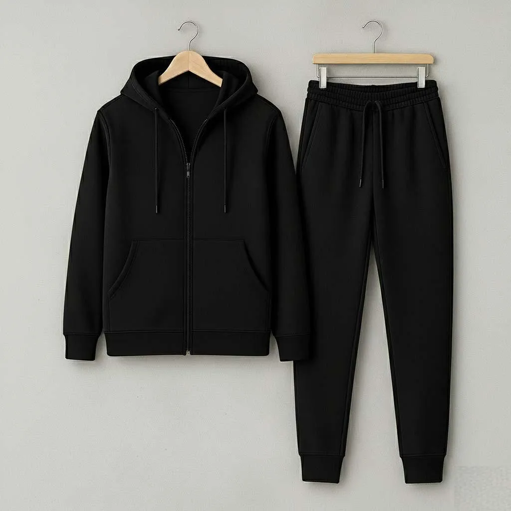 2 Pcs Men's Polyester Fleece Plain Zipper Track Suit