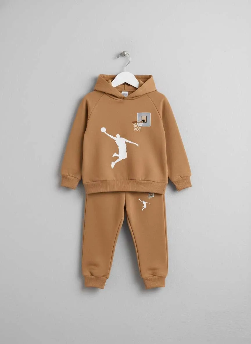2 Pcs Boy's Polyester Fleece Printed Hoodie Tracksuit