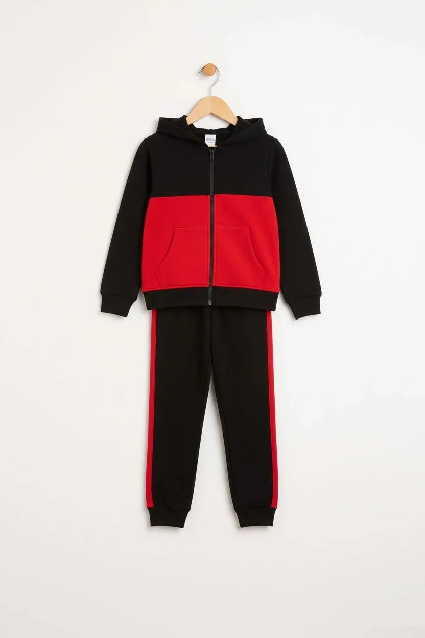 2 Pcs Boy's Polyester  Fleece Plain Zipper Tracksuit