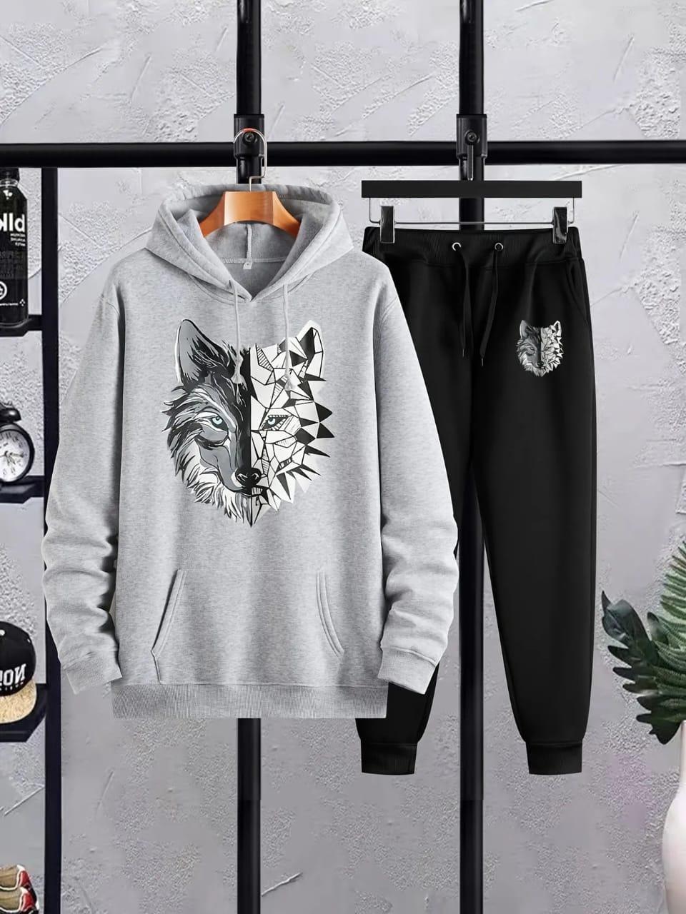 Men's Fleece Hoodie Track Suit - 2 Pcs Grey Printed Set, Wolf