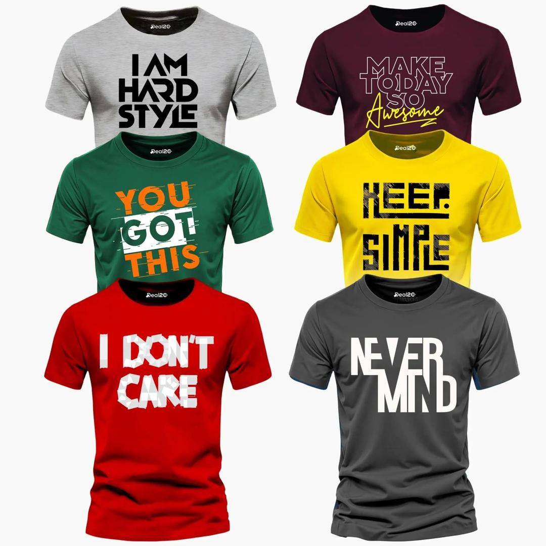 Men's Multicolor Cotton Jersey T-Shirts - 6 Pcs Printed Round Neck Set