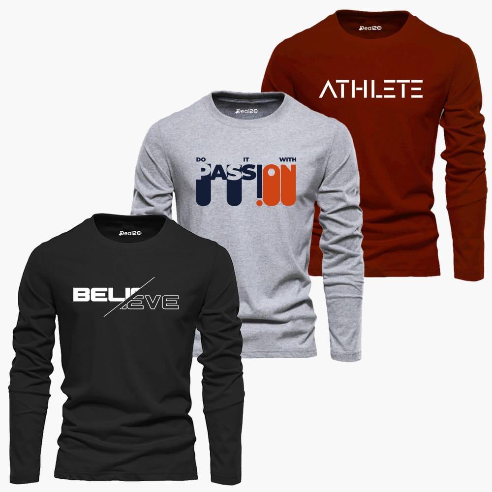 Men's Graphics T Shirt Full Sleeves Pack of 3 (Believe) 