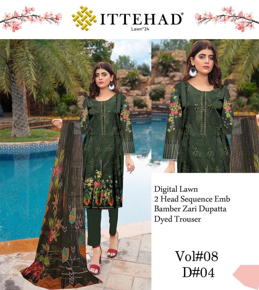 3 Pcs Women's Unstitched Lawn Embroidered Suit