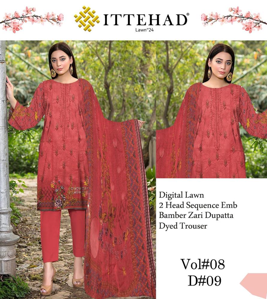 3 Pcs Women's Unstitched Lawn Embroidered Suit