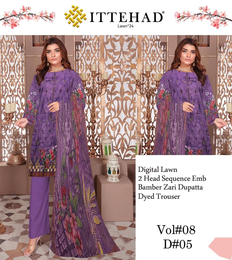 3 Pcs Women's Unstitched Lawn Embroidered Suit